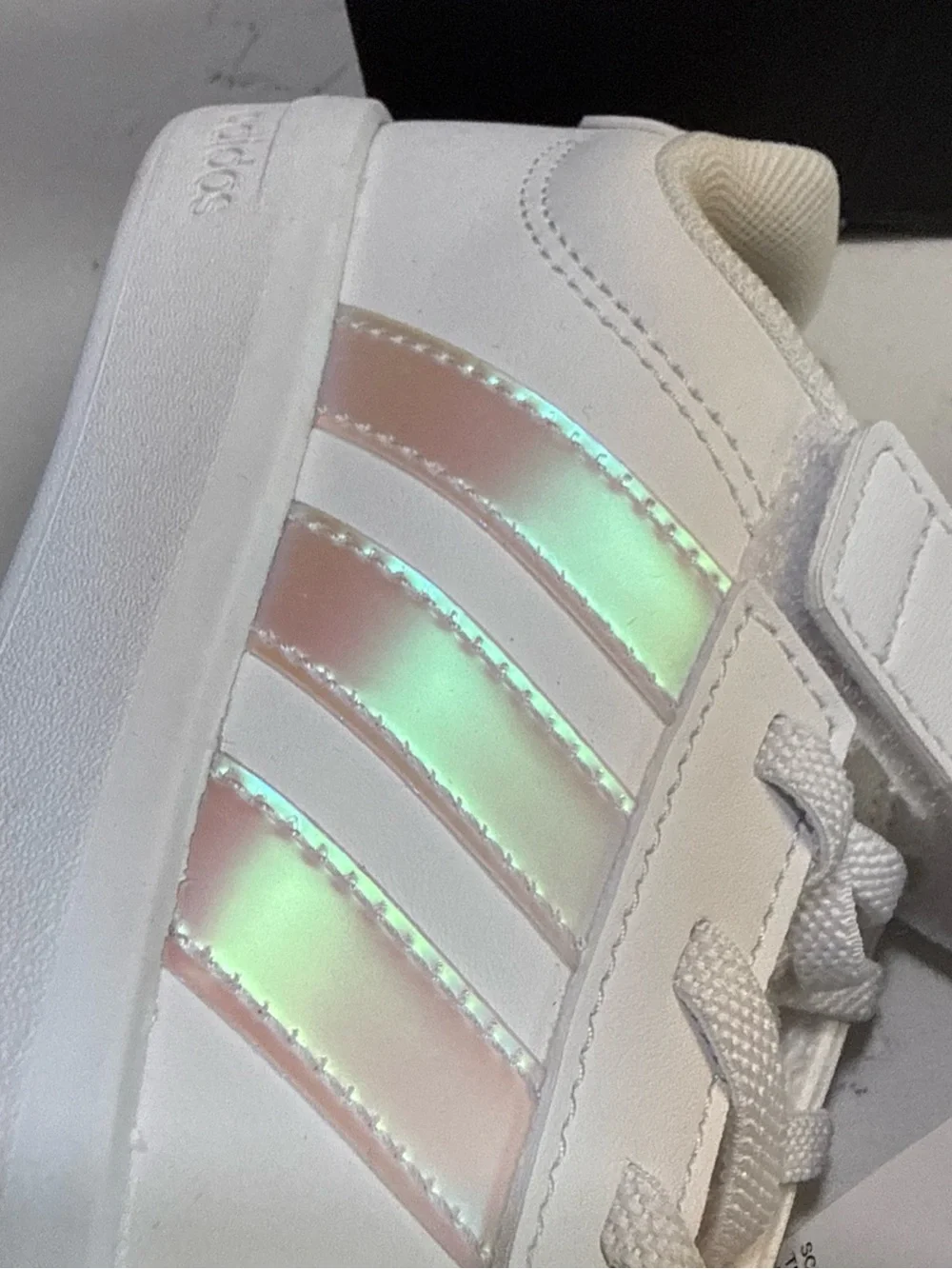adidas Kids White Sneakers with Iridescent Three Stripes